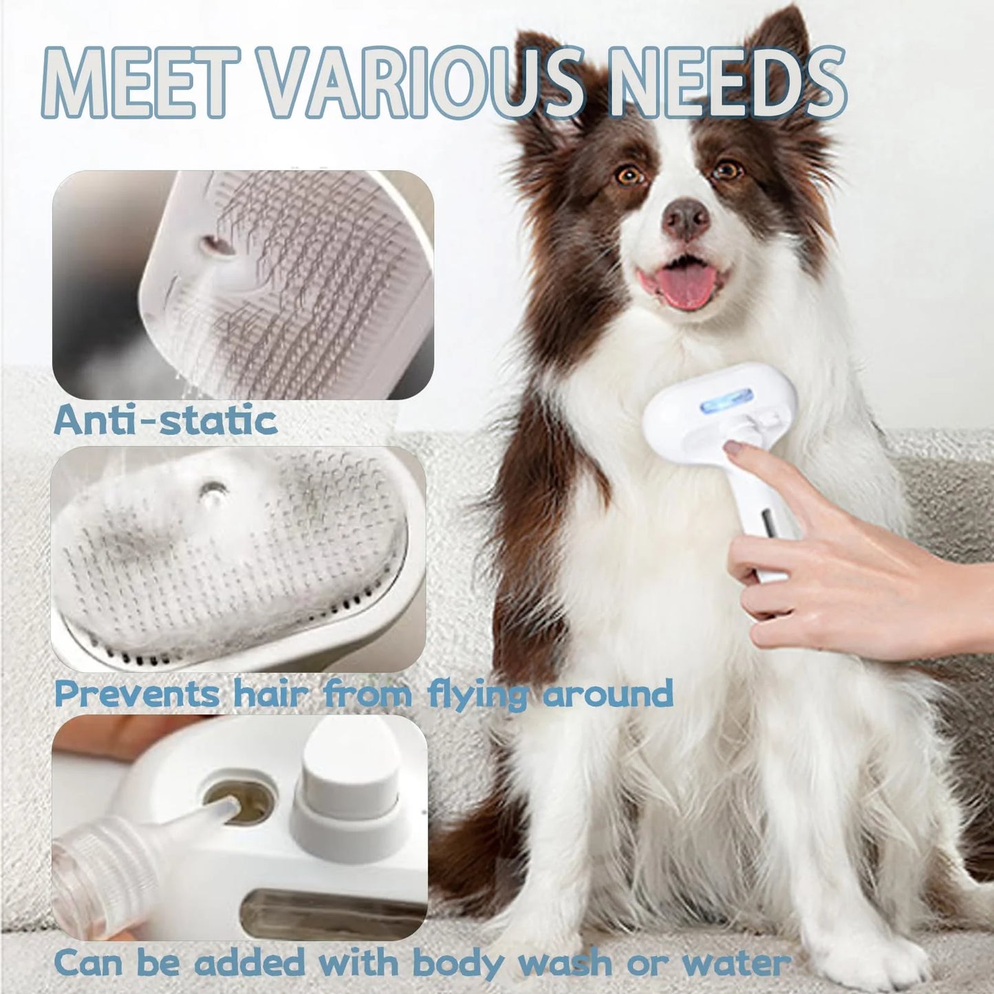 Fresh Fur 3-in-1 Self-Cleaning Pet Shower Brush and Hair Removal Comb with Bathing Solution for Long and Short Haired Pets (White)